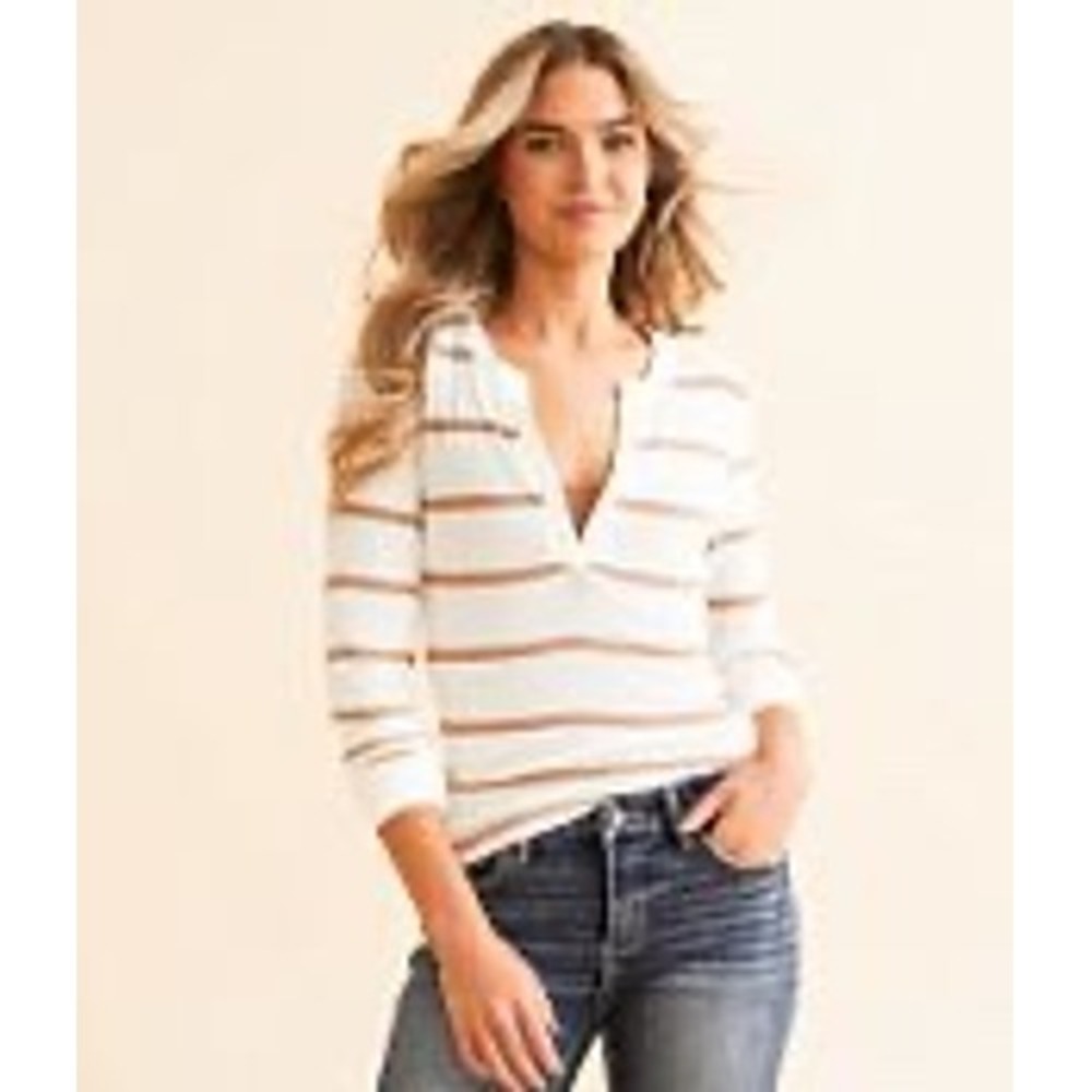 Z Supply NWT Striped Long Sleeve V Neck Henley Top XS White Brown‎ Ribbed Casual
